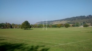 Brocham 'Big Field', home of Dorking Rugby Club with Box Hill in the background.
